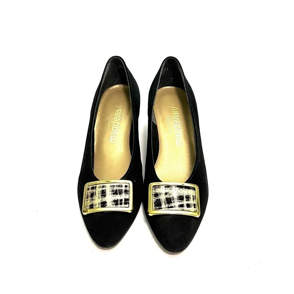 Vintage 1970s black suede oversize buckle gold painted wedge heels